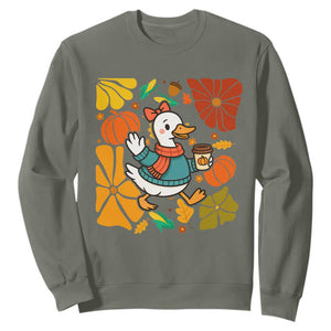 Thanksgiving Duck Lover Gift Sweatshirt Cute Duck Drinking Coffee TS12 Military Green Print Your Wear