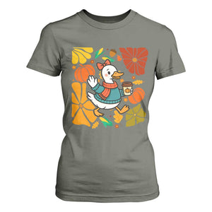 Thanksgiving Duck Lover Gift T Shirt For Women Cute Duck Drinking Coffee TS12 Military Green Print Your Wear