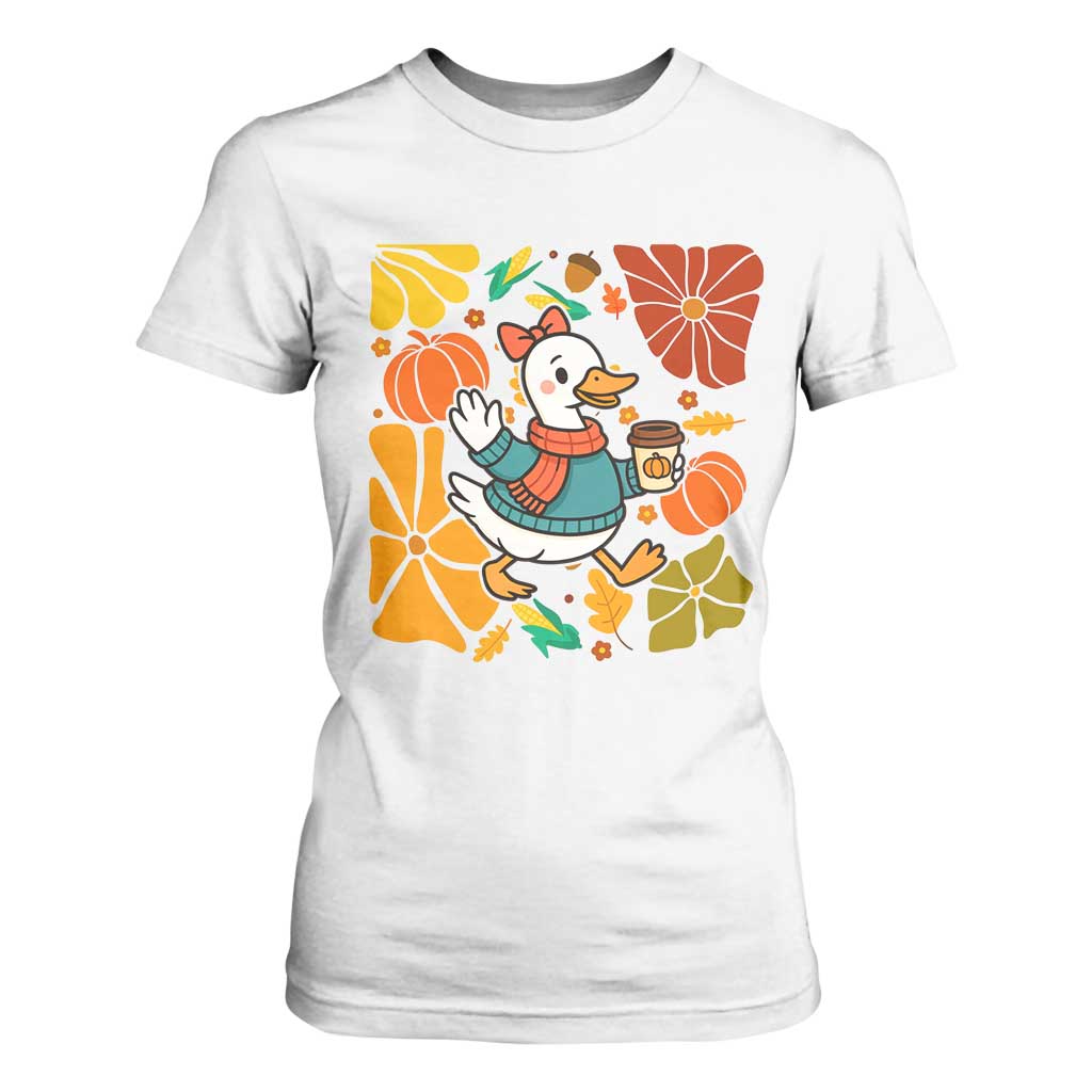 Thanksgiving Duck Lover Gift T Shirt For Women Cute Duck Drinking Coffee TS12 White Print Your Wear