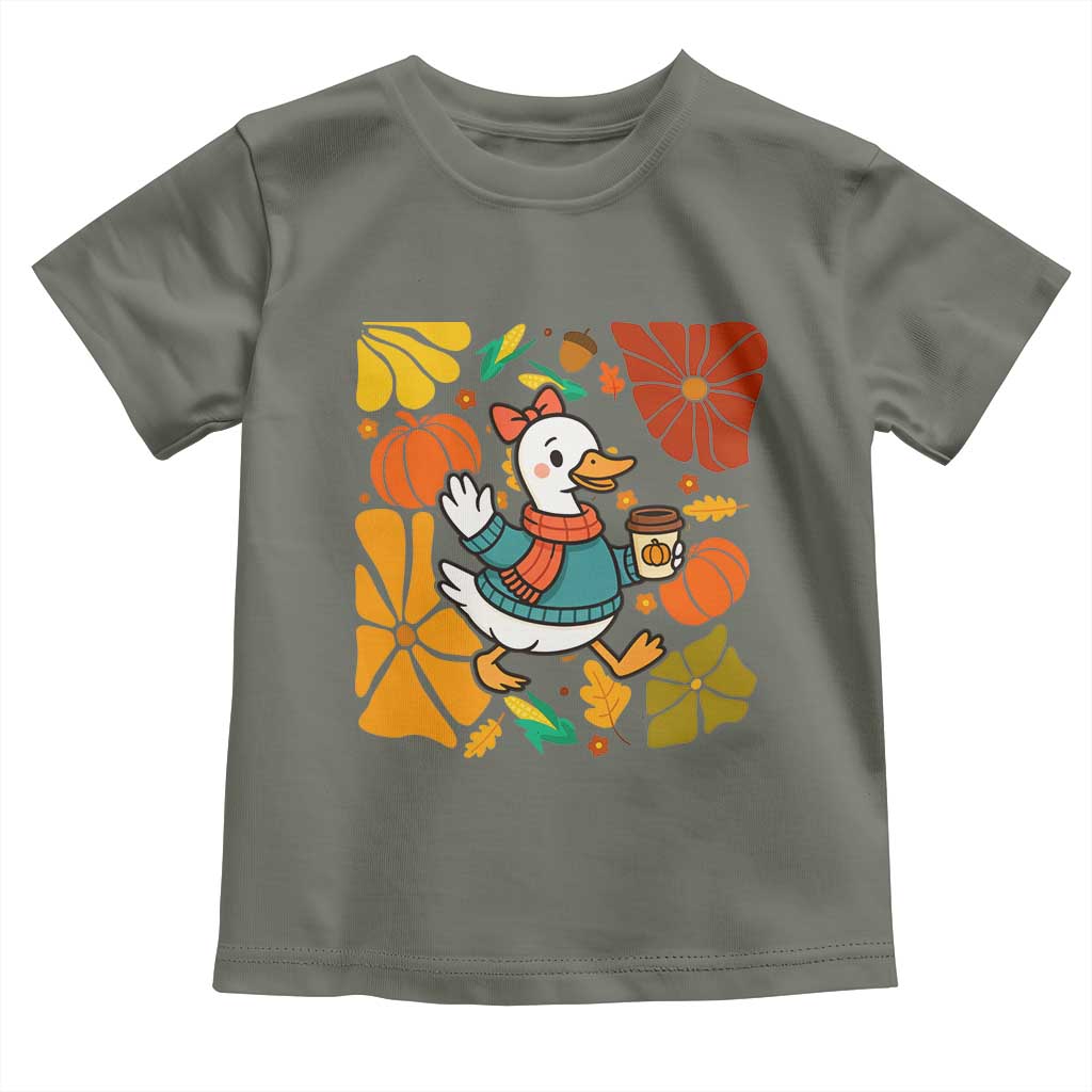 Thanksgiving Duck Lover Gift Toddler T Shirt Cute Duck Drinking Coffee TS12 Military Green Print Your Wear