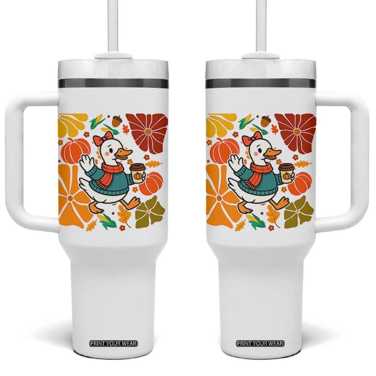 Thanksgiving Duck Lover Gift Tumbler With Handle Cute Duck Drinking Coffee TS12 One Size: 40 oz White Print Your Wear