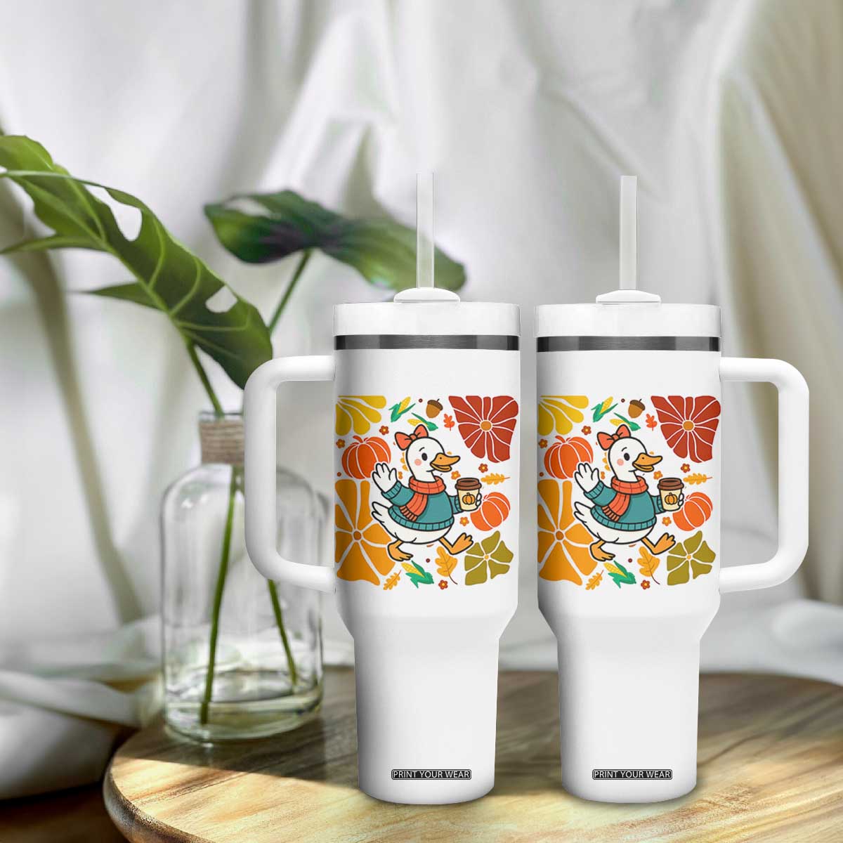 Thanksgiving Duck Lover Gift Tumbler With Handle Cute Duck Drinking Coffee TS12 Print Your Wear