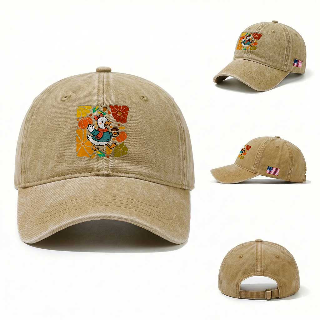 Thanksgiving Duck Lover Gift Washed Cotton Baseball Cap Cute Duck Drinking Coffee TS12 Washed Cap Universal Fit Khaki Print Your Wear