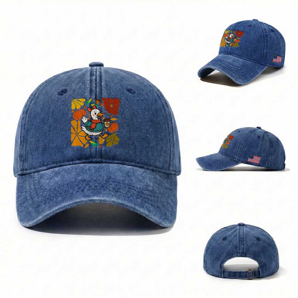 Thanksgiving Duck Lover Gift Washed Cotton Baseball Cap Cute Duck Drinking Coffee TS12 Washed Cap Universal Fit Royal Blue Print Your Wear
