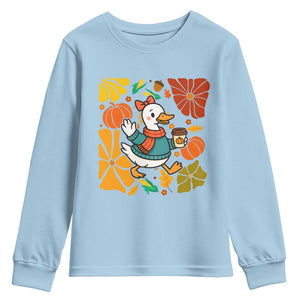 Thanksgiving Duck Lover Gift Youth Sweatshirt Cute Duck Drinking Coffee TS12 Light Blue Print Your Wear