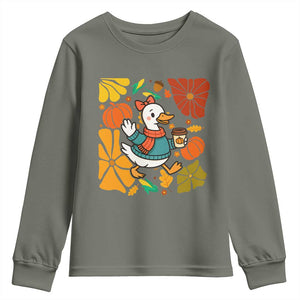 Thanksgiving Duck Lover Gift Youth Sweatshirt Cute Duck Drinking Coffee TS12 Military Green Print Your Wear