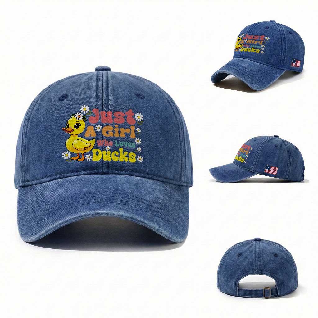 Duck Lover Gift Washed Cotton Baseball Cap Just A Girl Who Loves Ducks TS12 Washed Cap Universal Fit Royal Blue Print Your Wear