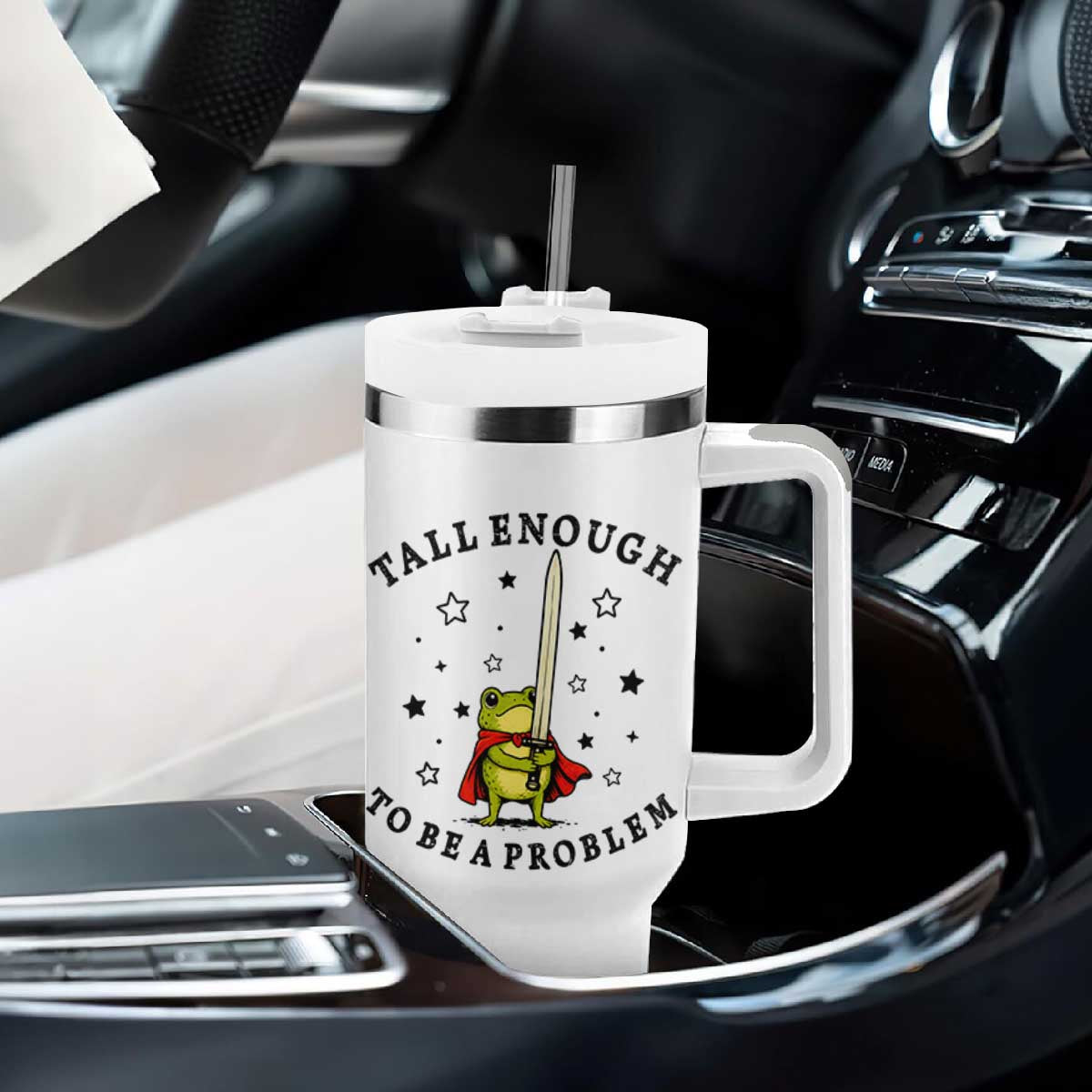 Funny Tall Enough To Be A Problem Tumbler With Handle Frog Sword Knight Medieval Fantasy Gift