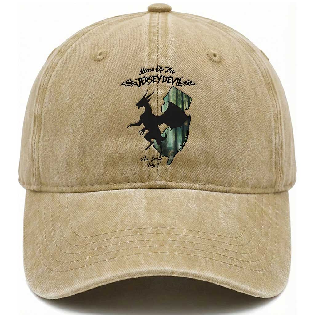 Home Of The Jersey Devil Washed Cotton Baseball Cap Cryptid Gift TS12 Washed Cap Universal Fit Khaki Print Your Wear