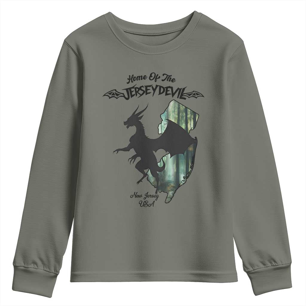 Home Of The Jersey Devil Youth Sweatshirt Cryptid Gift TS12 Military Green Print Your Wear