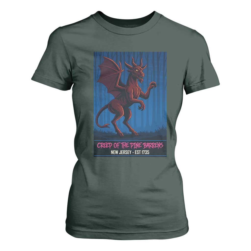 Jersey Devil T Shirt For Women Creep Of The Pine Barrens New Jersey Est 1735 TS12 Dark Forest Green Print Your Wear