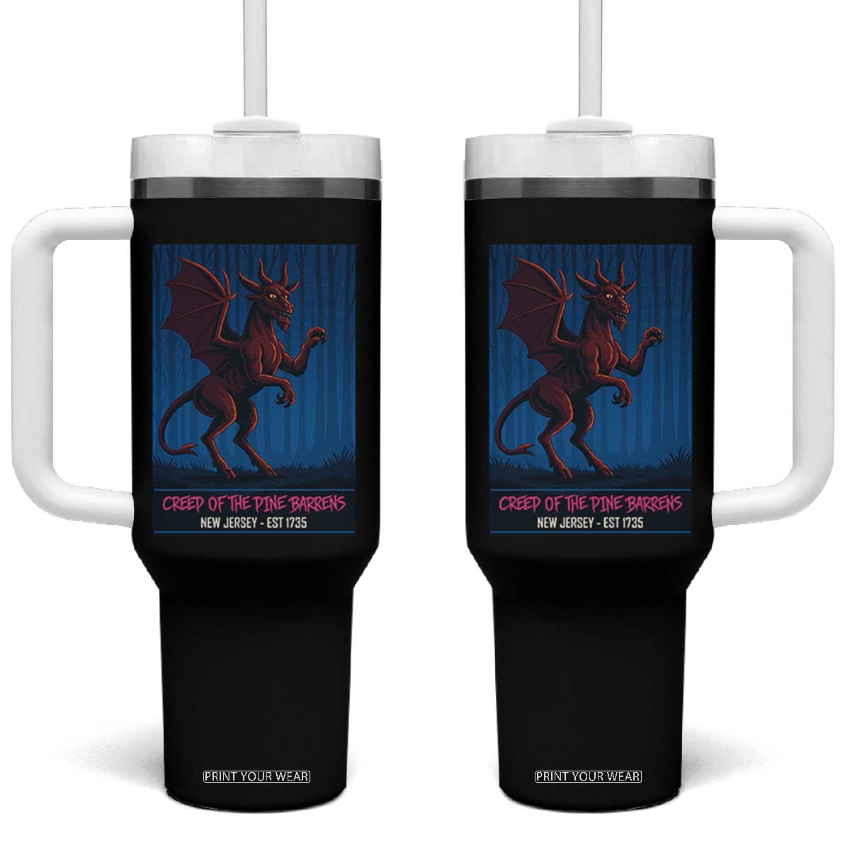 Jersey Devil Tumbler With Handle Creep Of The Pine Barrens New Jersey Est 1735 TS12 One Size: 40 oz Black Print Your Wear