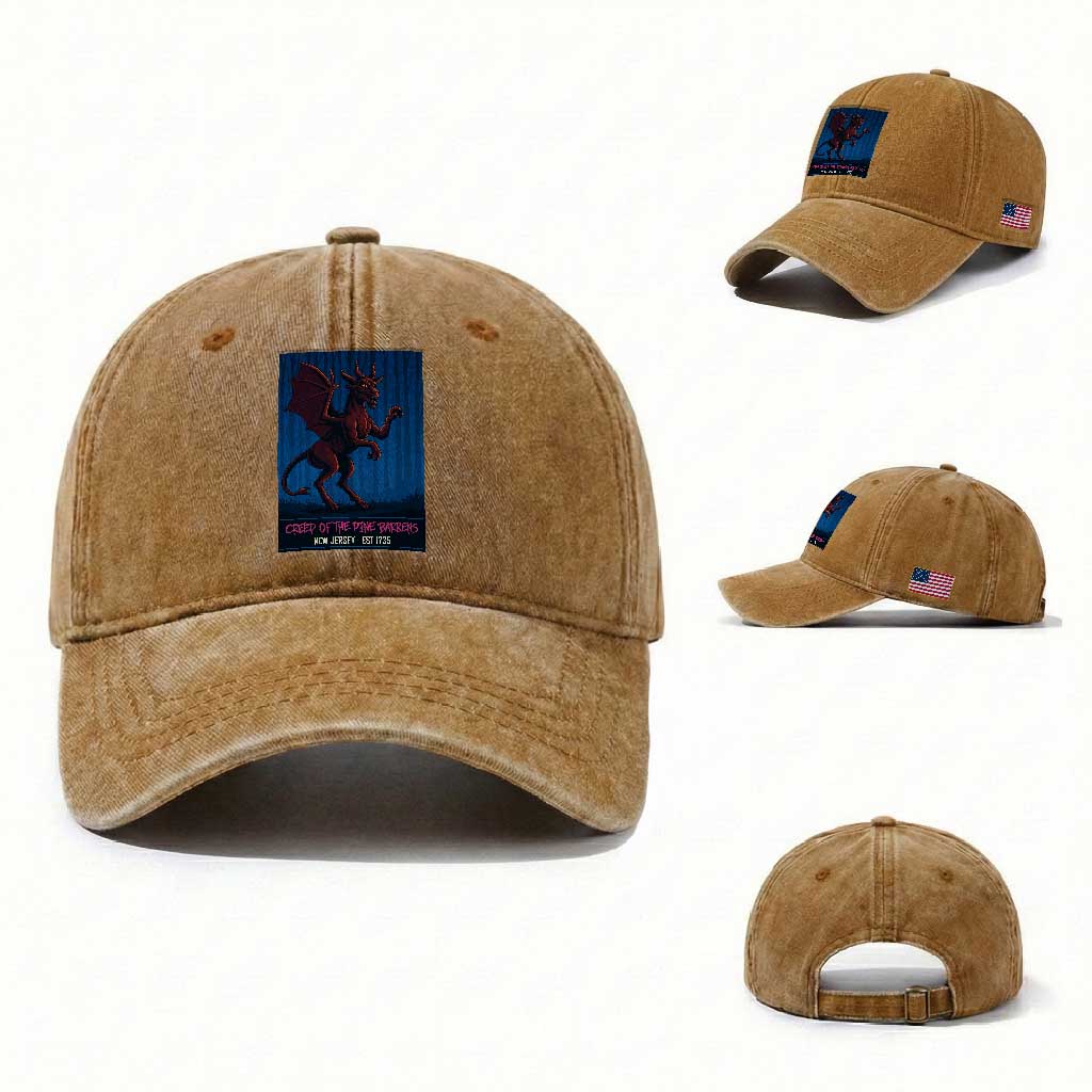 Jersey Devil Washed Cotton Baseball Cap Creep Of The Pine Barrens New Jersey Est 1735 TS12 Washed Cap Universal Fit Yellow Ochre Print Your Wear
