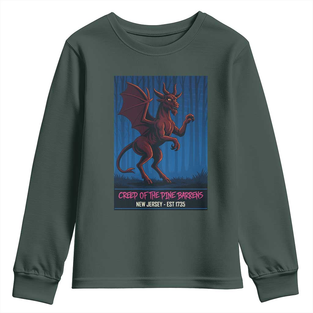 Jersey Devil Youth Sweatshirt Creep Of The Pine Barrens New Jersey Est 1735 TS12 Dark Forest Green Print Your Wear