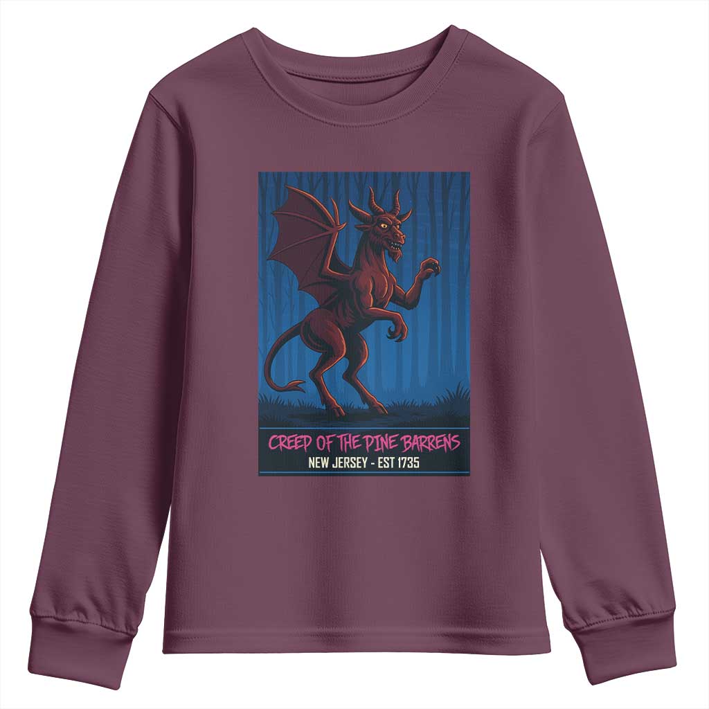 Jersey Devil Youth Sweatshirt Creep Of The Pine Barrens New Jersey Est 1735 TS12 Maroon Print Your Wear