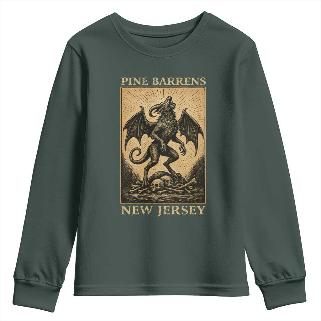 Jersey Devil Youth Sweatshirt Gothic Horror Gift Pine Barrens New Jersey TS12 Dark Forest Green Print Your Wear