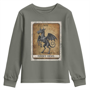 Jersey Devil Youth Sweatshirt Horror Tarot Card Urban Legends Gift TS12 Military Green Print Your Wear