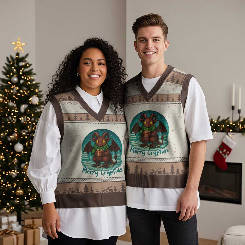 Jersey Devil V-Neck Knit Sweater Vest Merry Cryptidmas Funny Xmas Gift TS12 Mocha Mousse Print Your Wear