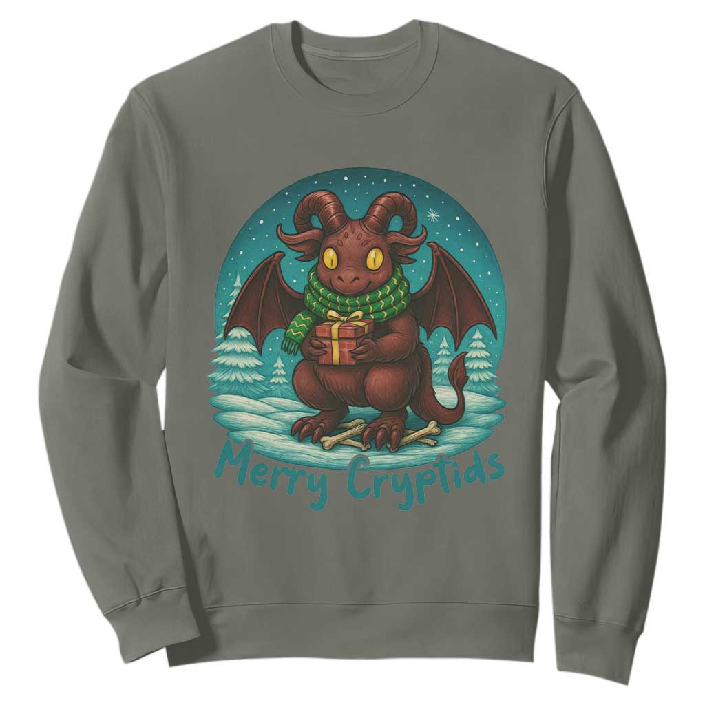 Jersey Devil Sweatshirt Merry Cryptidmas Funny Christmas Gift TS12 Military Green Print Your Wear