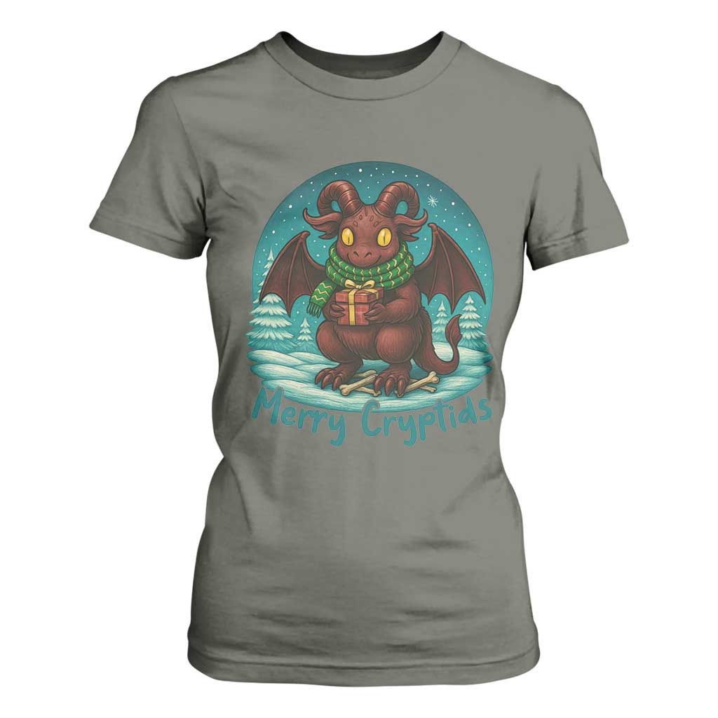 Jersey Devil T Shirt For Women Merry Cryptidmas Funny Christmas Gift TS12 Military Green Print Your Wear