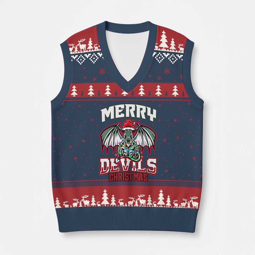 Jersey Devil V-Neck Knit Sweater Vest Merry Devils Xmas Cryptid Gift TS12 Navy Red Print Your Wear
