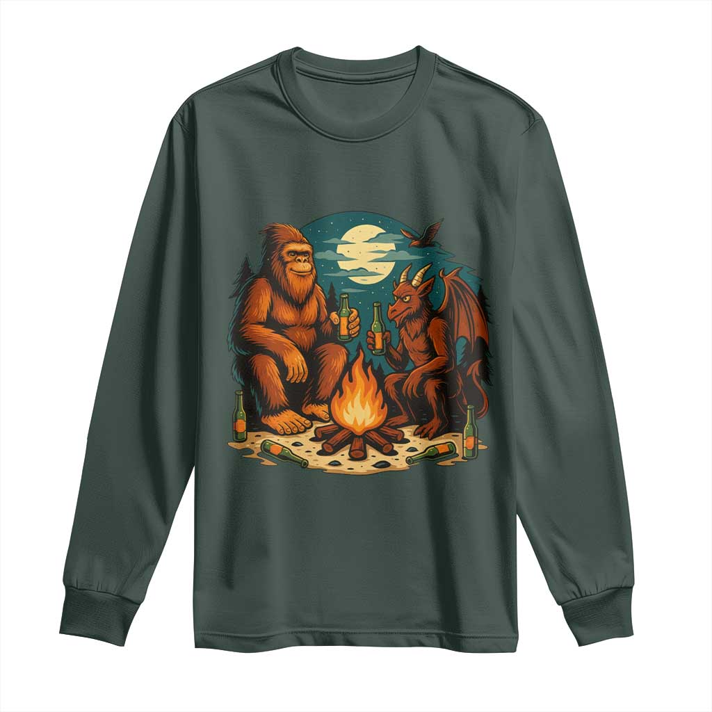 Funny Bigfoot And Jersey Devil Camping Cryptid Gift Long Sleeve Shirt TS12 Dark Forest Green Print Your Wear
