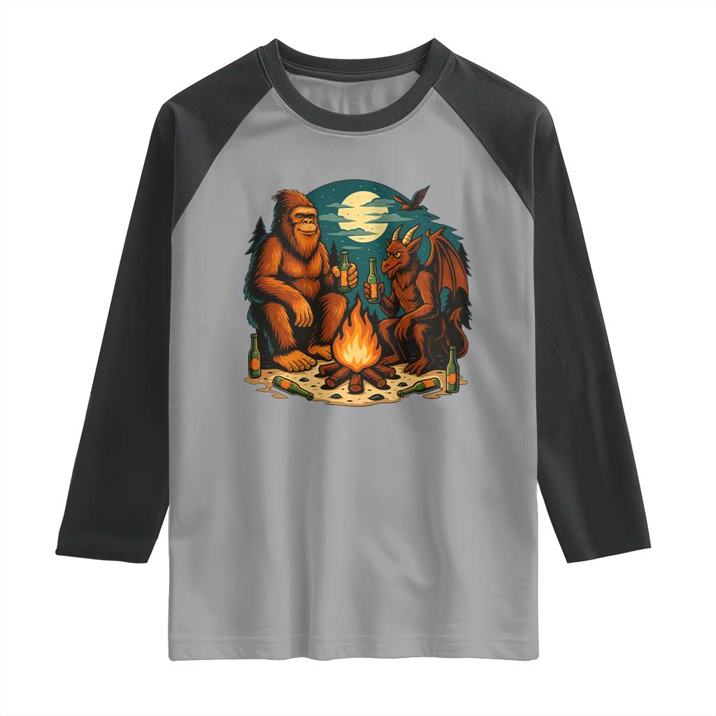Funny Bigfoot And Jersey Devil Camping Cryptid Gift Raglan Shirt TS12 Sport Gray Black Print Your Wear