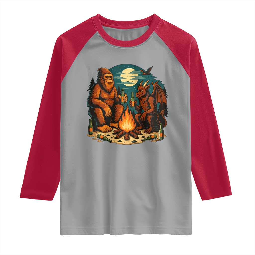 Funny Bigfoot And Jersey Devil Camping Cryptid Gift Raglan Shirt TS12 Sport Gray Red Print Your Wear