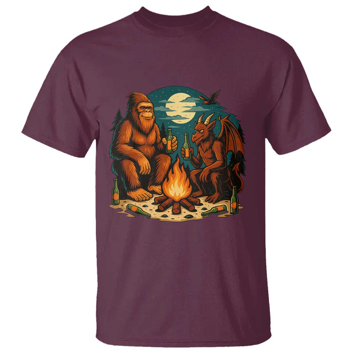 Funny Bigfoot And Jersey Devil Camping Cryptid Gift T Shirt TS12 Maroon Print Your Wear