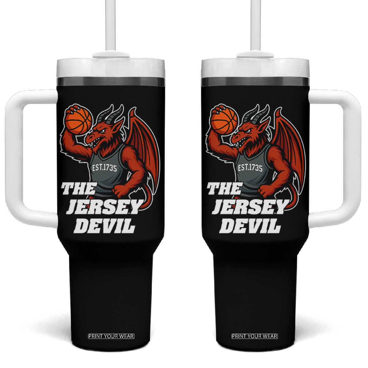Funny Cryptid Sports Tumbler With Handle Jersey Devil Playing Basketball TS12 One Size: 40 oz Black Print Your Wear