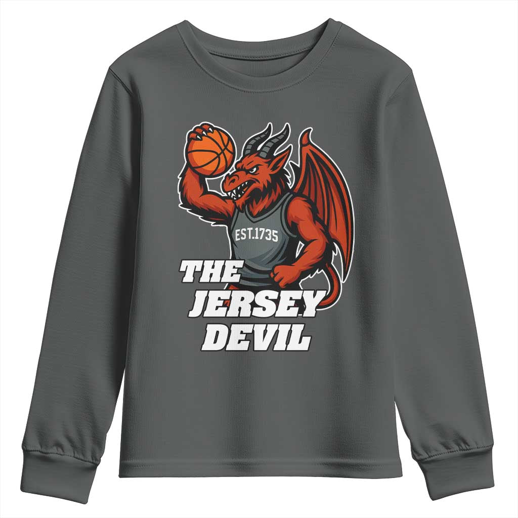 Funny Cryptid Sports Youth Sweatshirt Jersey Devil Playing Basketball TS12 Dark Heather Print Your Wear