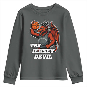 Funny Cryptid Sports Youth Sweatshirt Jersey Devil Playing Basketball TS12 Dark Heather Print Your Wear