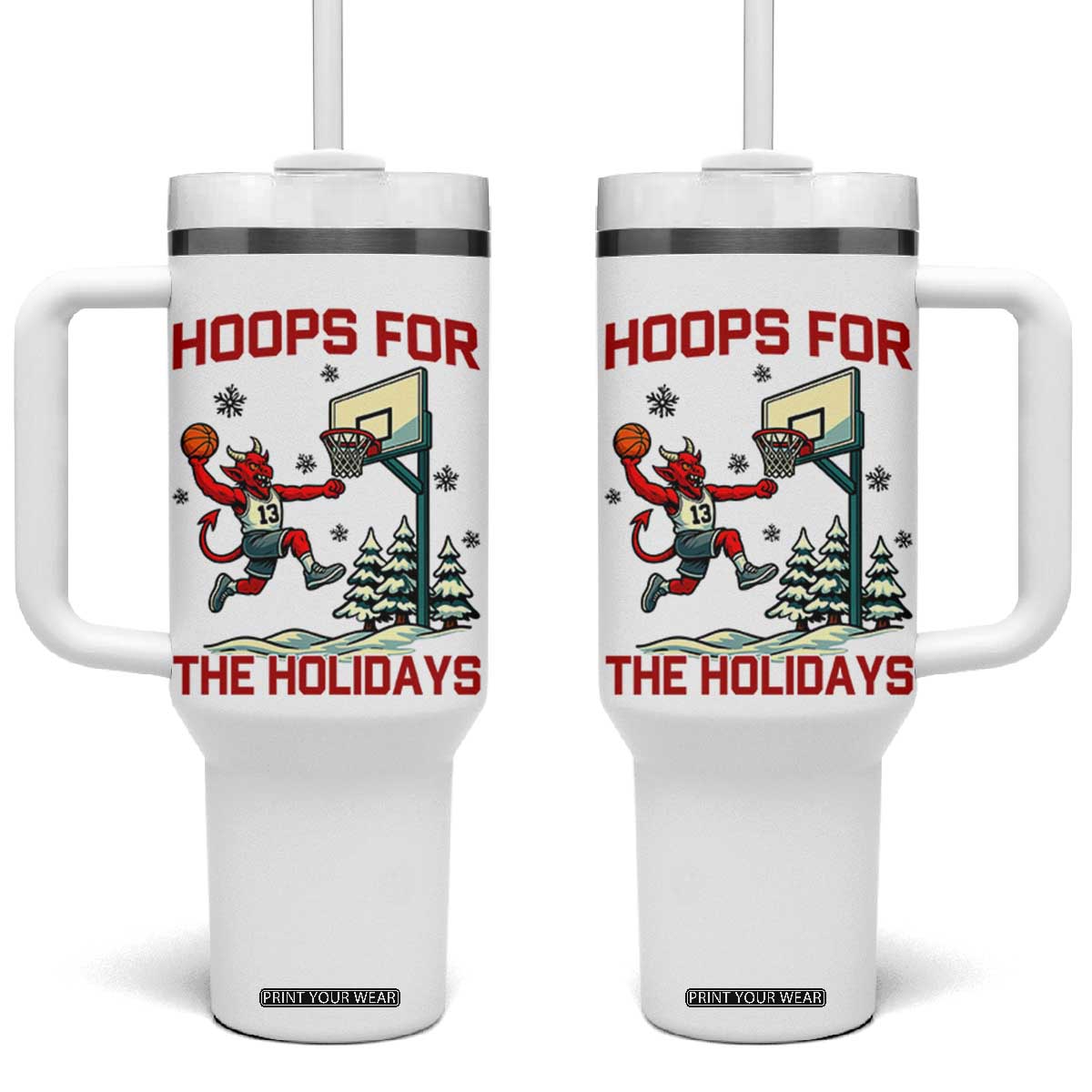 Funny Christmas Basketball Jersey Devil Tumbler With Handle Hoops For The Holidays TS12 One Size: 40 oz White Print Your Wear