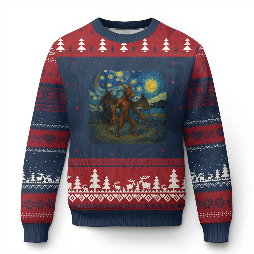 Jersey Devil Starry Night Ugly Christmas Sweater Van Gogh Cryptid Gift TS12 Navy Red Print Your Wear