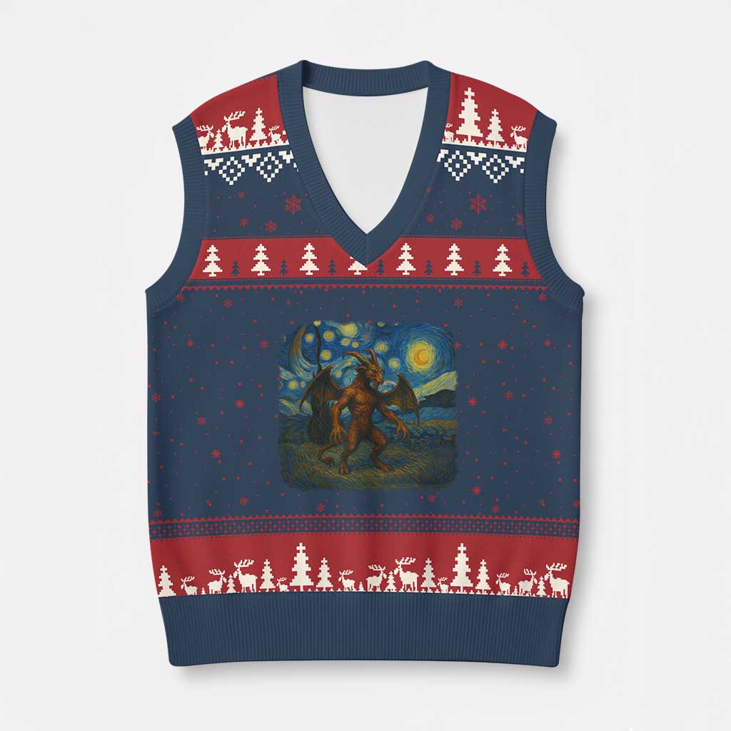 Jersey Devil Starry Night V-Neck Knit Sweater Vest Van Gogh Cryptid Gift TS12 Navy Red Print Your Wear