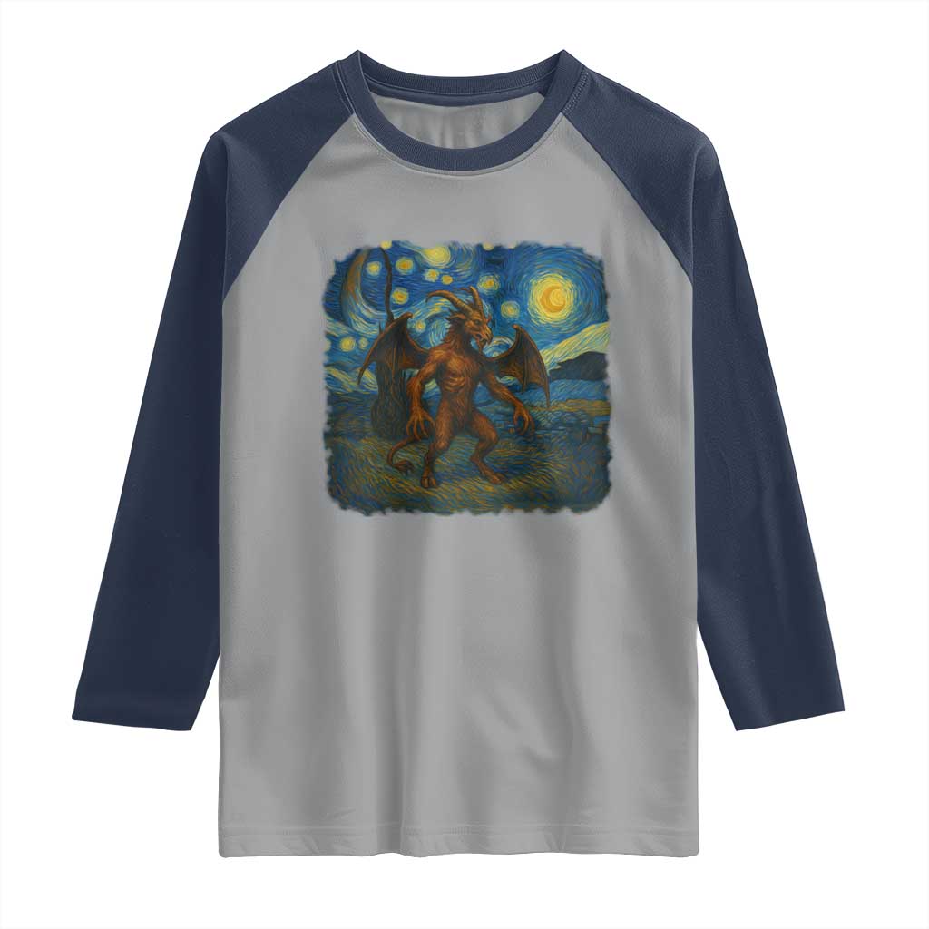 Jersey Devil Starry Night Raglan Shirt Van Gogh Cryptid Gift TS12 Sport Gray Navy Print Your Wear
