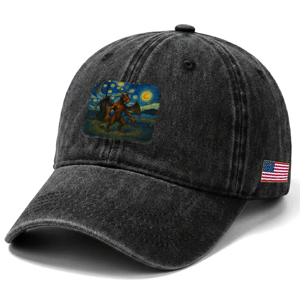Jersey Devil Starry Night Washed Cotton Baseball Cap Van Gogh Cryptid Gift TS12 Print Your Wear