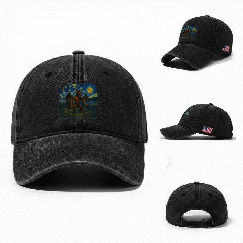 Jersey Devil Starry Night Washed Cotton Baseball Cap Van Gogh Cryptid Gift TS12 Washed Cap Universal Fit Black Print Your Wear