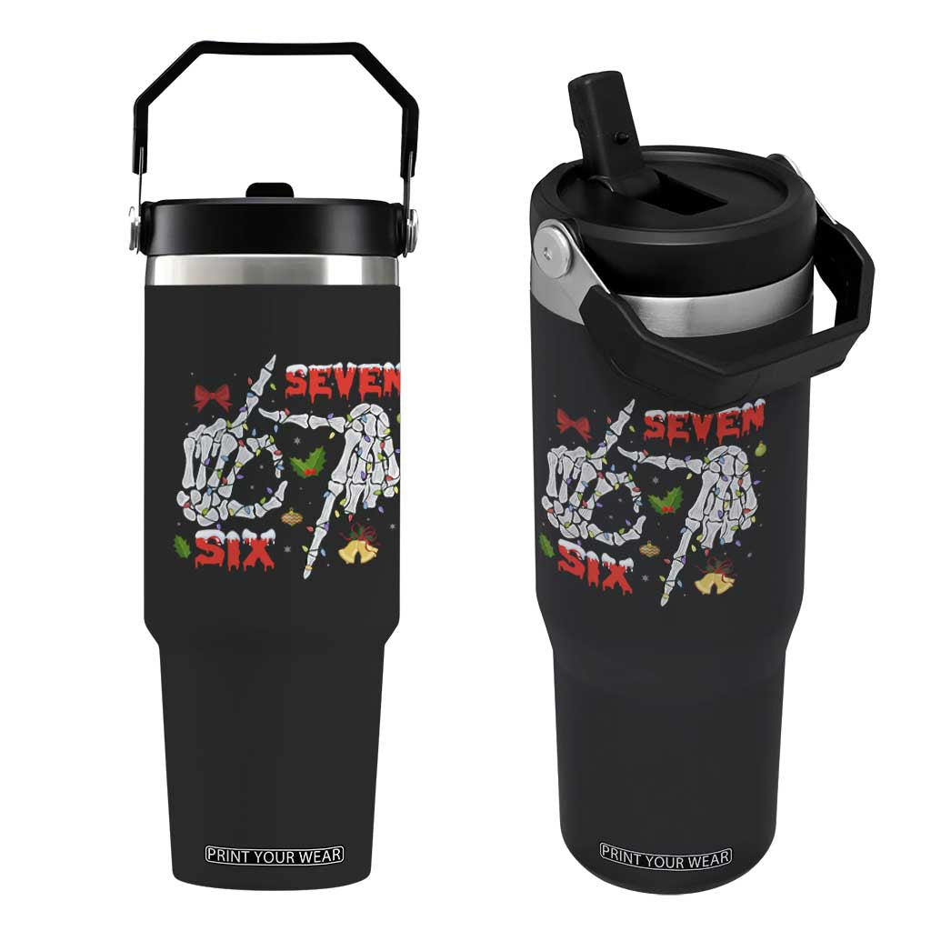 Six And Seven Meme Skeleton Flip Straw Tumbler Funny Trendy Christmas Party Gift - Print Your Wear