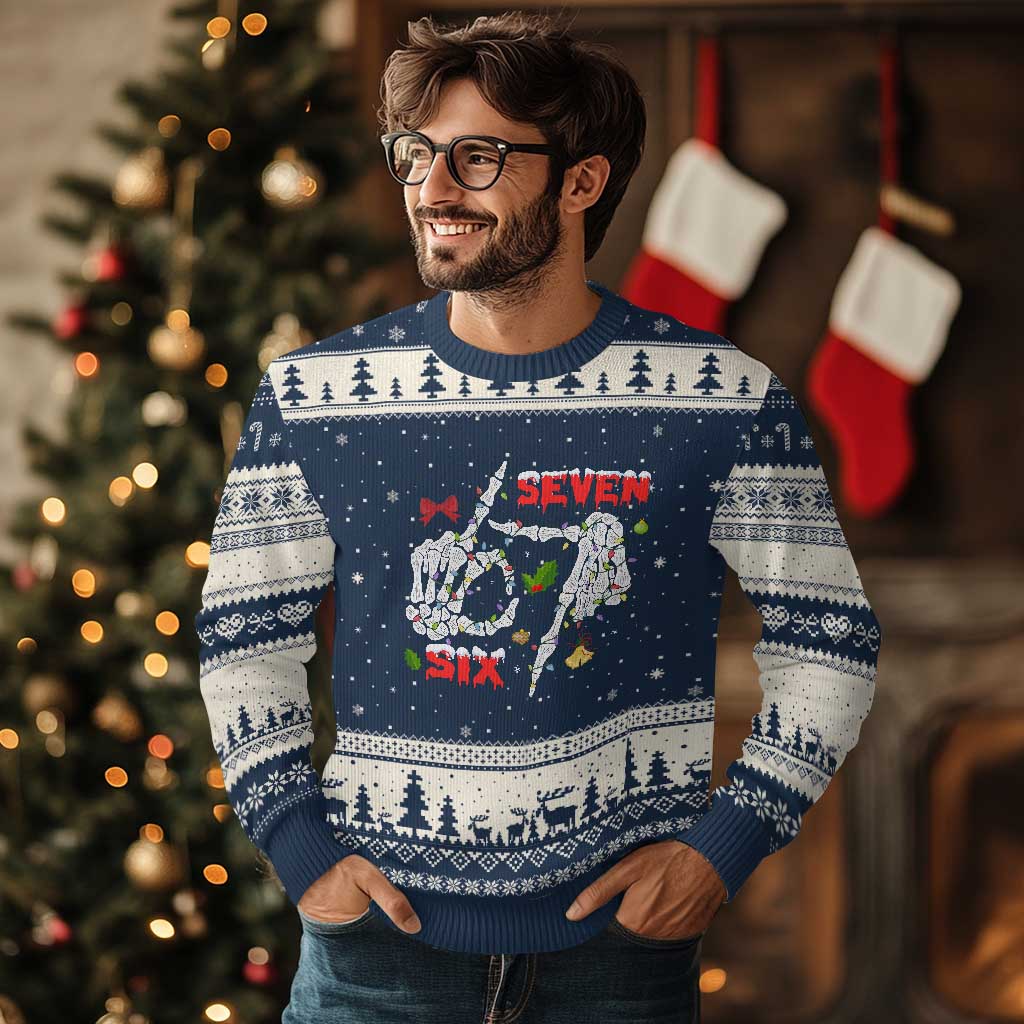 Six And Seven Meme Skeleton Ugly Christmas Sweater Funny Trendy Xmas Party Gift TS12 Navy Beige Print Your Wear