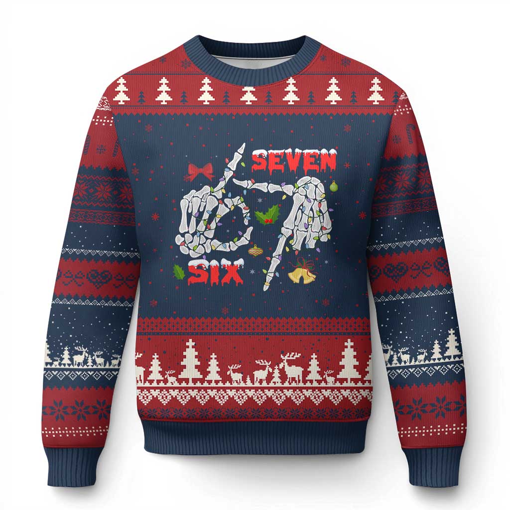 Six And Seven Meme Skeleton Ugly Christmas Sweater Funny Trendy Xmas Party Gift TS12 Navy Red Print Your Wear
