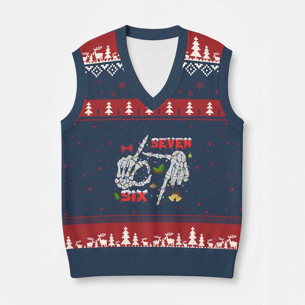 Six And Seven Meme Skeleton V-Neck Knit Sweater Vest Funny Trendy Xmas Party Gift TS12 Navy Red Print Your Wear