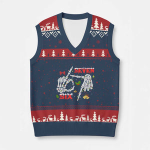 Six And Seven Meme Skeleton V-Neck Knit Sweater Vest Funny Trendy Xmas Party Gift TS12 Navy Red Print Your Wear