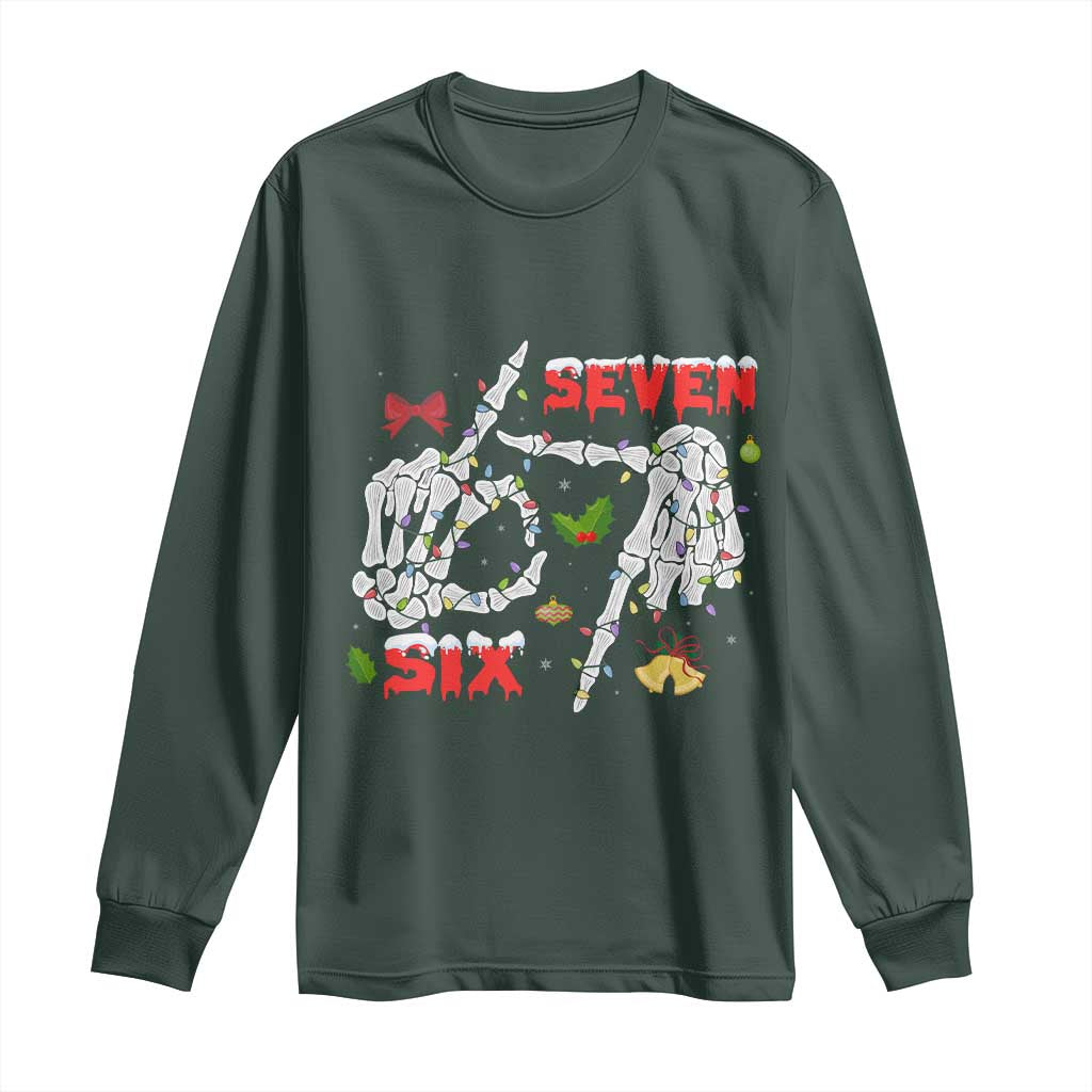 Six And Seven Meme Skeleton Long Sleeve Shirt Funny Trendy Christmas Party Gift TS12 Dark Forest Green Print Your Wear