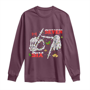 Six And Seven Meme Skeleton Long Sleeve Shirt Funny Trendy Christmas Party Gift TS12 Maroon Print Your Wear