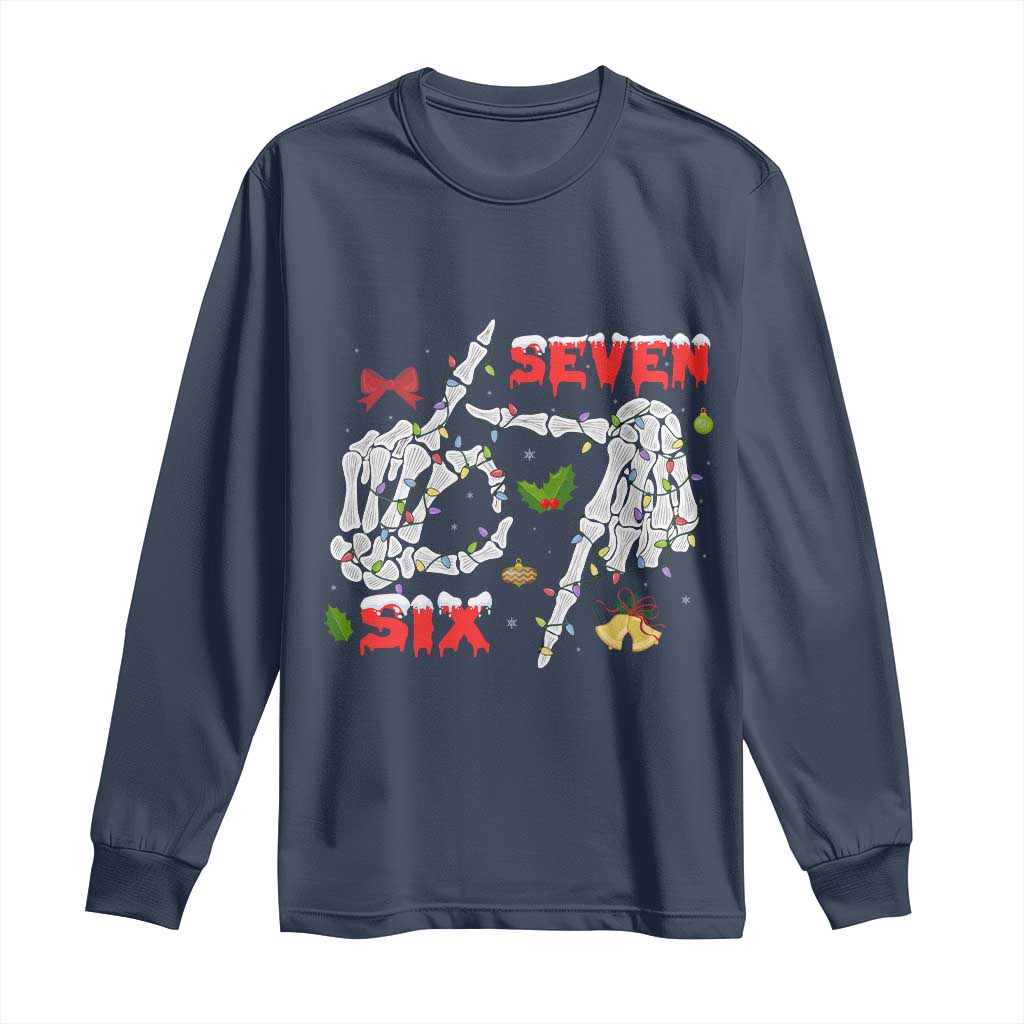 Six And Seven Meme Skeleton Long Sleeve Shirt Funny Trendy Christmas Party Gift TS12 Navy Print Your Wear