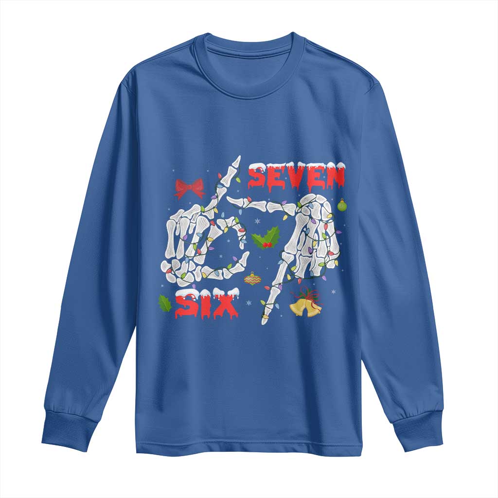 Six And Seven Meme Skeleton Long Sleeve Shirt Funny Trendy Christmas Party Gift TS12 Royal Blue Print Your Wear