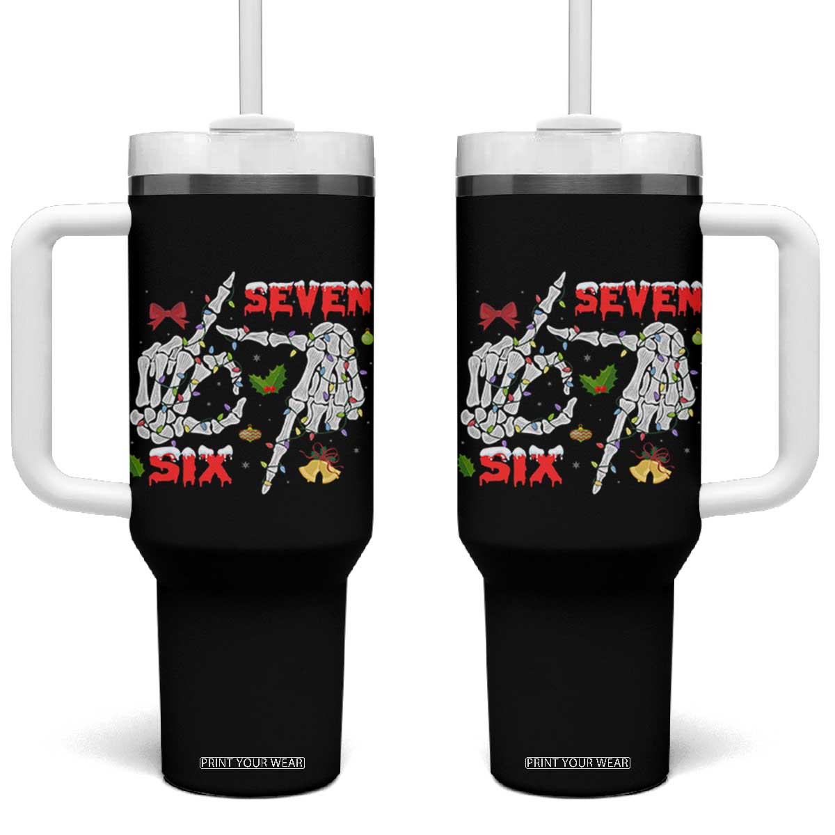 Six And Seven Meme Skeleton Tumbler With Handle Funny Trendy Christmas Party Gift - Print Your Wear