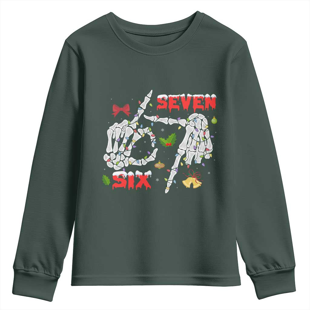 Six And Seven Meme Skeleton Youth Sweatshirt Funny Trendy Christmas Party Gift TS12 Dark Forest Green Print Your Wear