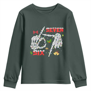 Six And Seven Meme Skeleton Youth Sweatshirt Funny Trendy Christmas Party Gift TS12 Dark Forest Green Print Your Wear